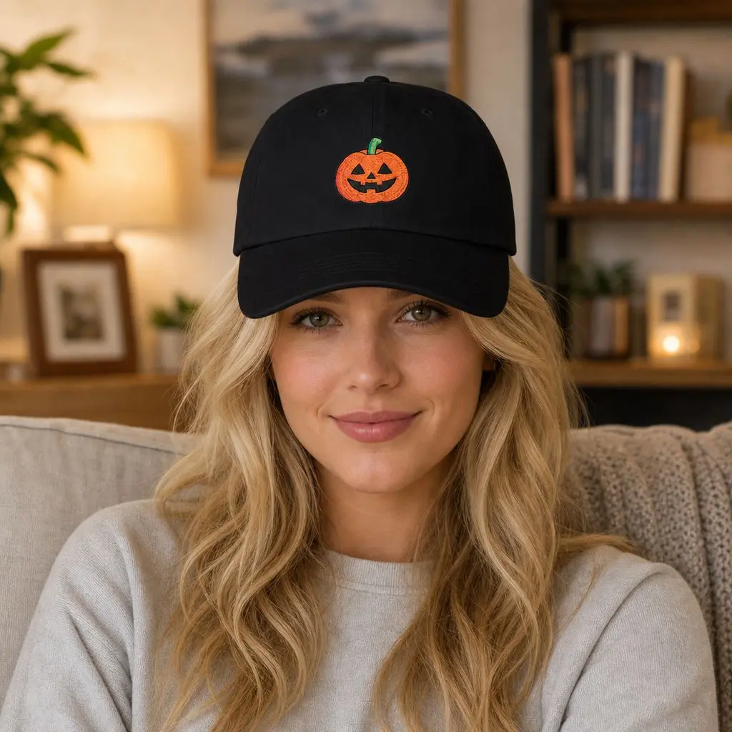 Unisex Halloween Pumpkin Embroidered Cotton Baseball Cap - Jack-O-Lantern Design, Adjustable Buckle, Casual Wear