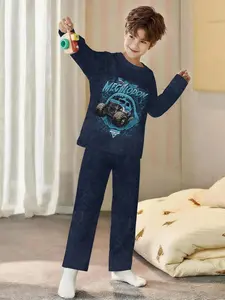 Megalodon Monster Truck! Boys' 2-piece long-sleeved pajamas with dark blue base off-road design, featuring digital printing, including long pajama pants, made of flame-retardant fabric. A stylish, trendy, casual, comfortable and soft pajama set, suitable