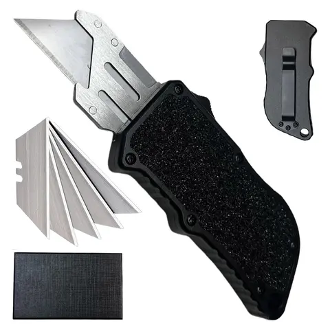 Aviation Aluminium Auto-Retractable EDC OTF Utility Knife - Multifunctional Tool, 0.22lb, Non-Slip Grip, High Carbon SK5 Steel Edge, Clip, Well-Designed Blade, 5 Spare SK5 Blades, Portable Cardboard Box-Opening Black Hand Tool