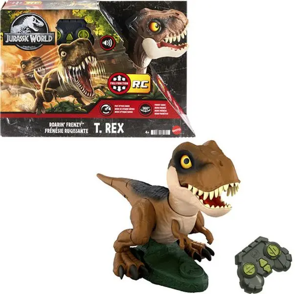 Jurassic World Roarin' Frenzy Remote Control T. Rex Collectible Figurine, TV Movie Theme, Full Function, USB Recharge, Gift for Fans, Ages 4+