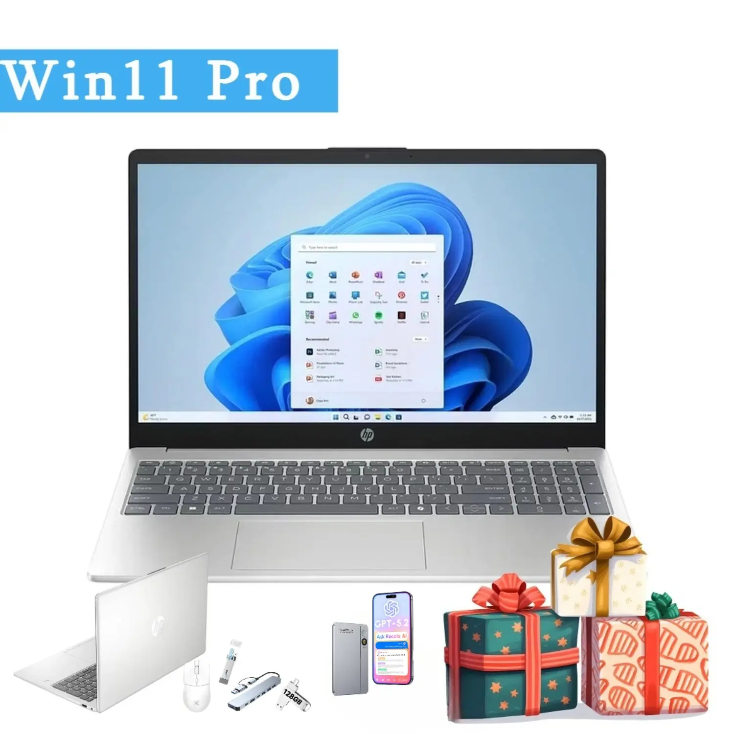 HP 15.6" Display Screen Laptop, Intel i3-N305 Processor, Up to 32GB RAM, 512GB SSD, Windows 11 Pro, Silver, Bundled Accessory for Students & Business, Display Screen Laptops