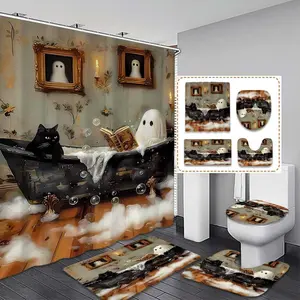 Halloween Theme Shower Curtain Set, Ghost Cat Book Pattern, High-Quality Polyester Fabric, Includes 12 Hooks, Perfect Bathroom Decor Gift Decoration