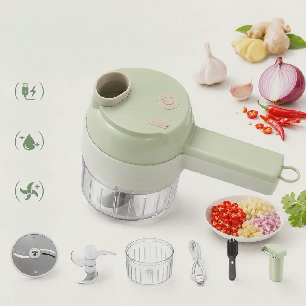 4-in-1 Handheld Electric Food Chopper - Compact Multi-Use Kitchen Prep Tool with Handheld Shape, Small Footprint, Stainless Steel Chopping Blade, Slicer, Mixer, Cleaning Brush, Food Pusher for Garlic, Vegetables, Salads