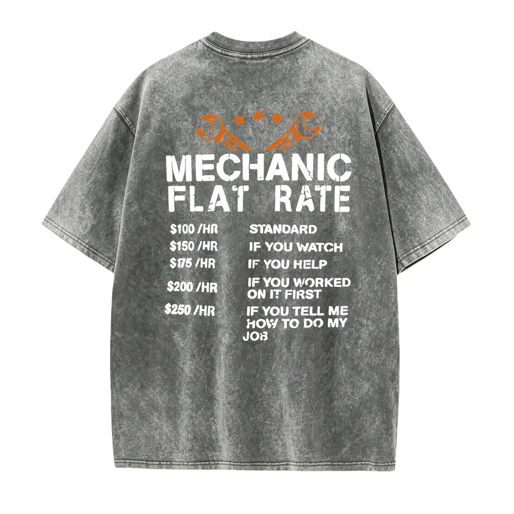 Mechanic Flat Rate Funny Wrench Graphic Tee, Black Loose Fit Back Print Hooded Sweatshirt For Auto Repair Workers