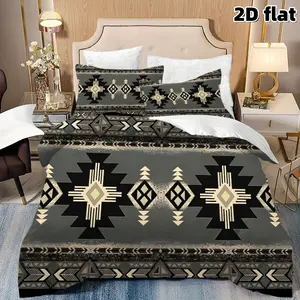 2D flat 3-piece Bohemian Aztec duvet set with 2 pillowcases featuring Indian tribal pattern bedding set. Southwest tribal design duvet cover suitable for bedroom decoration. Soft microfiber bedding Boho Bed Set