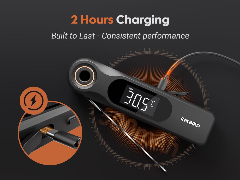 Mothersdaygift-INKBIRD dual-screen display 0.5-second rechargeable instant-reading meat thermometer, suitable for cooking and barbecuing; professional-grade 1.8-millimeter ultra-fine probe, IP65 level waterproof kitchen thermometer, Gill Smoker
