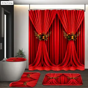 1/3/4PCS Elegant Red with Floral s Shower Curtain Set with Rugs, Non Slip Bath Mat, U-Shape Carpet, Toilet Lid Cover, Polyester Fabric Bathtub Curtain Accessories, 12 Hooks, Home Bathroom Festival Decor