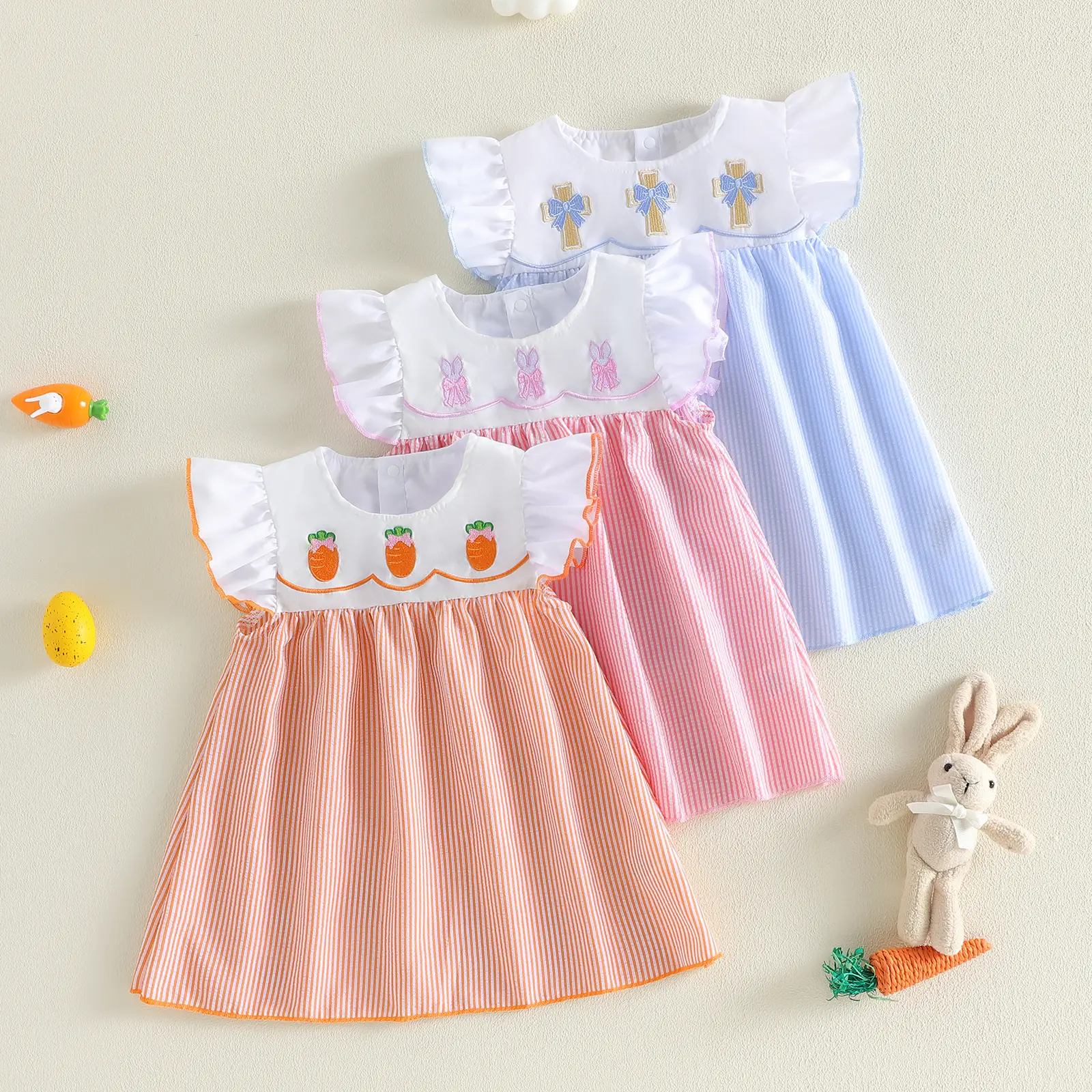 Toddler Baby Little Girl Easter Dress Cross Bow Embroidery Flying Sleeves Stripe A Line Dress Spring Summer 6M-4Y
