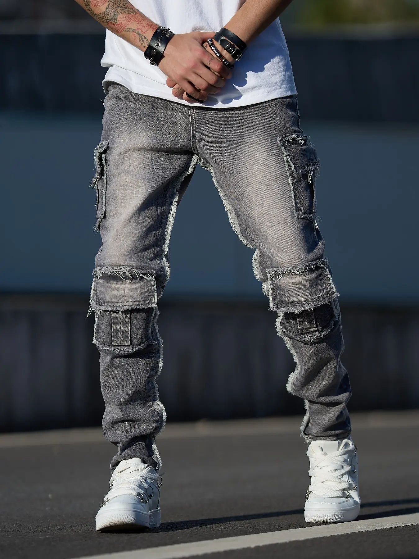 Men's New Korean Style Trendy Ripped Jeans Side Pocket Cargo Denim Trousers, Denim Pants, Fashion Casual Comfy Denim Youth Workwear, Slim-Fitting Denim Skinnies All Seasons Jeans, Pockets Cargo Jeans