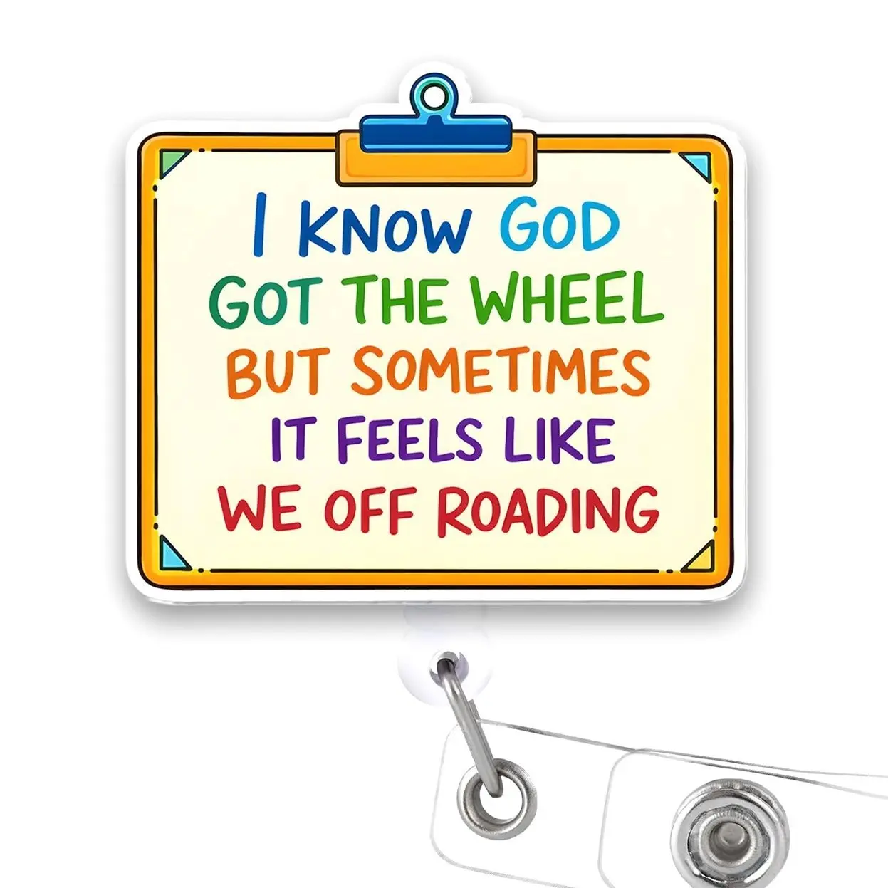 I Know God Got the Wheel Badge Reel, Funny Christian Retractable ID Badge Holder, Faith Inspired Name Tag Clip for Nurse Teacher Office Staff DPK