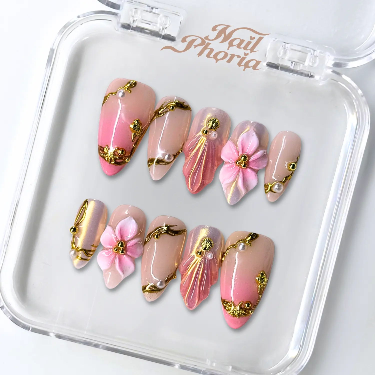NailPhoria GILDED FLORAL - SUMMER Handmade Press-On Nails | Reusable, Salon-Quality, Long-Lasting, Glossy Design
