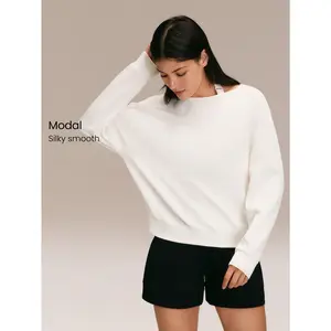 GLOWMODE SoftSerene Modal Cozy Companion Soft Silky-Smooth Breathable Waist-Length Boatneck Pullover Sweatshirt Daily Casual Wear