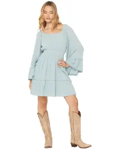 Shyanne Women's Highlands Embroidered Long Bell Sleeve Mini Dress - Swho25d3-Aqu