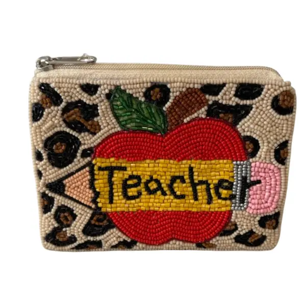 "Teacher" Apple Seed Bead Coin Pouch
