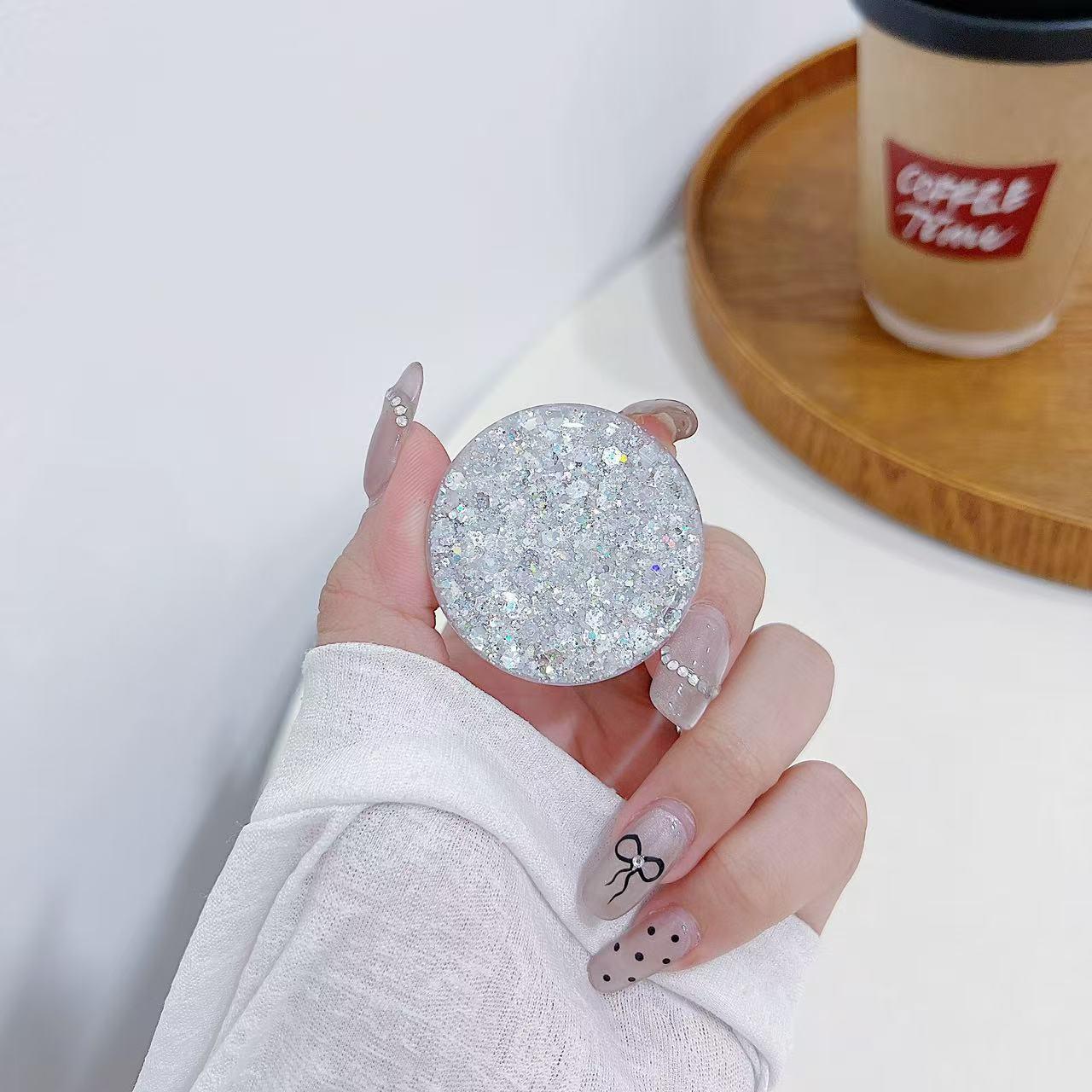 Retractable phone stand, suitable for round, foldable phone accessories, compatible with phones and tablets - clear, sparkling crystal (starlight silver).