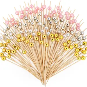 200 Cocktail Picks, Decorative Pearl Fancy Toothpicks for Appetizers, 4.7 IN Long Bamboo Skewers Wood Garnish Sticks for Food Drink Fruit Party Charcuterie Boards Accessories (Gold/White/Pink/Silver)