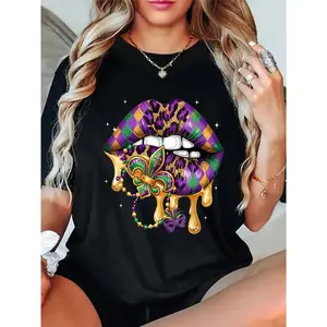 Cotton Mardi Gras Lip Women Girl Fleur De Lis Costume Funny T-Shirt