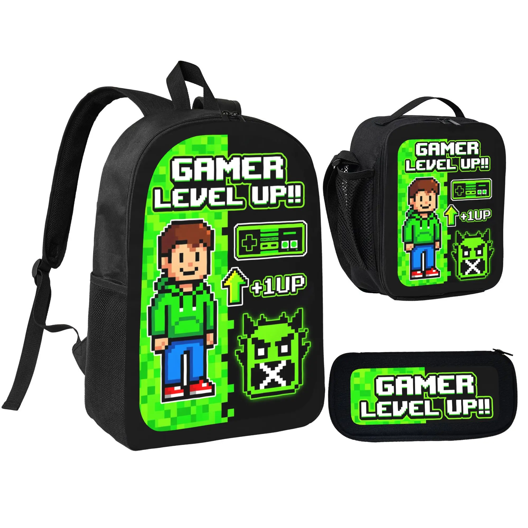 Game-Themed Pixel Gamer 3-in-1 Backpack Set, Waterproof Lightweight Boys' School Bag with Lunch Box & Pencil Case, Large-Capacity Elementary School Travel Birthday Gift