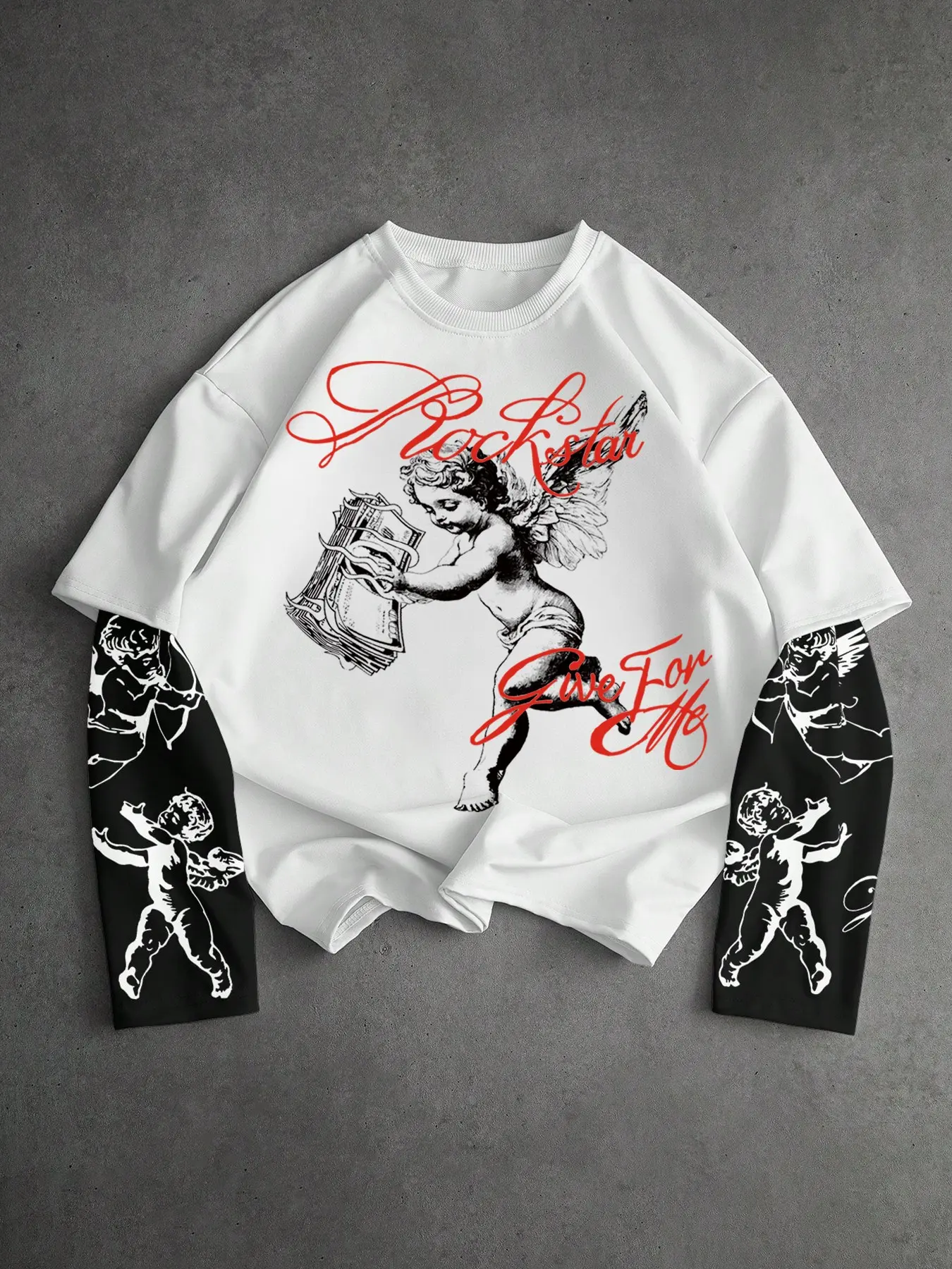 Unisex Rockstar Vintage Angel Print Long Sleeve T-Shirt, Streetwear, Retro Street Style Loose Fit Top, Casual Graphic Tee for Spring & Fall