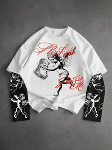 Unisex Rockstar Vintage Angel Print Long Sleeve T-Shirt, Streetwear, Retro Street Style Loose Fit Top, Casual Graphic Tee for Spring & Fall