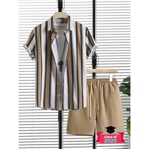 Men's Striped Print Button Up Shirt & Drawstring Waist Shorts Set, Regular Fit Casual Short Sleeve Collared Top & Pocket Shorts, Men's Summer Clothes
