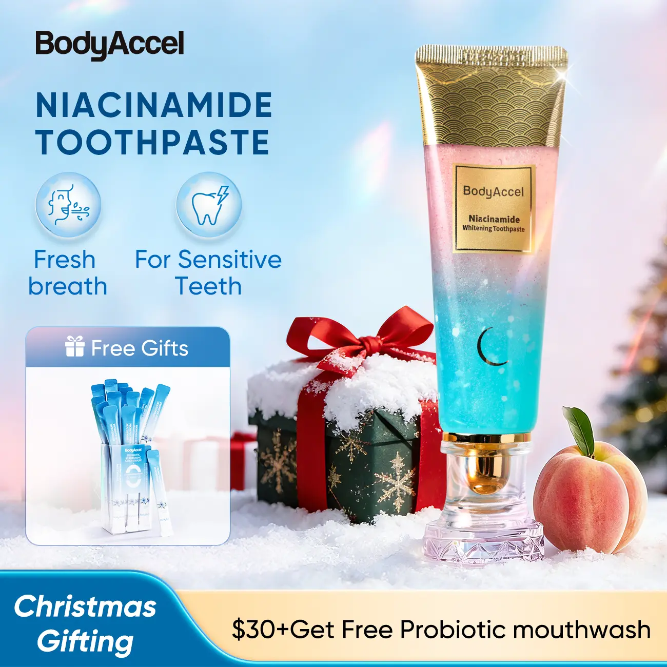 BodyAccel Triple Whitening Niacinamide Toothpaste for Sensitive Teeth - peach Flavor, Eco-Friendly, Fluoride-Free, 100g TikTokShopBlackFriday