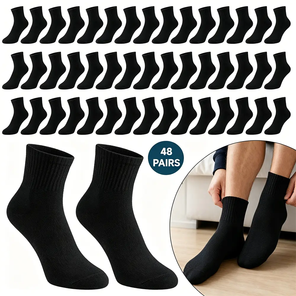 48-Pair Men's & Women's Quarter Ankle Polyester Crew Socks, Moisture Wicking, Breathable, for Running & Casual Use, Bulk Socks for Homeless, Crew Sock