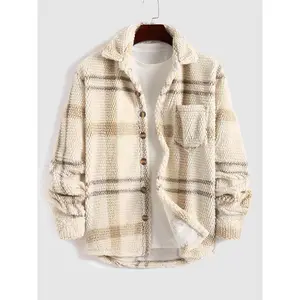 [Please Purchase A Size Up]Men's Plaid Print Button Front Fleece Winter Jacket, Casual Comfortable Warmth Regular Fit Long Sleeve Pockets Warm Fleece Material?Outerwear for Fall & Winter, Mens Clothing,?Men's Clothes for Daily Wear