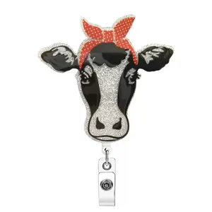Cute Cow Design Badge Holder, 1 Count Glitter Animal Pattern Acrylics Retractable Badge Reel, Identification Badges & Supplies for Nurse & Office & School