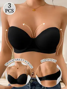 3 Pack Non-Slip Strapless Push Up Bra Fit Multi-Way Underwire with Clear Straps for Invisible Wear