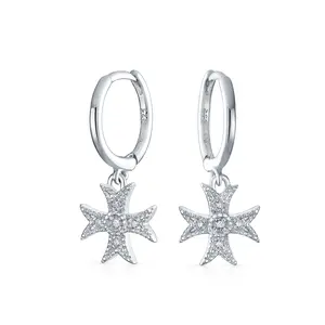 Pave CZ Dangle Chandelier Earrings Masonic Knight Templar Cross Charms Silver
