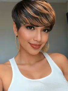 Short Layered Brazilian Straight Pixie Cut Natural Human Hair Wigs With Bangs For Women Black with Brown Color