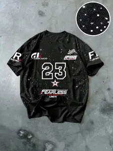 Men's Silver Color Short Sleeve Round Neck T-Shirt, Racing Style Letter & Number Design, Casual Daily Wear, Comfortable Fit, Fashion Graphic Top, Streetwear, Fitted