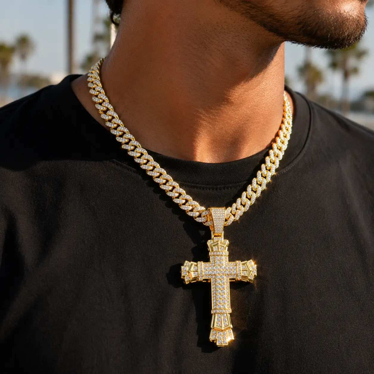 Men's Gold-Plated Cuban Link Chain with Rhinestone Cross Pendant, Trendy Hip Hop Zinc Alloy Fashion Necklace, Chains, Round Chain