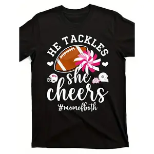 He Tackles, She Cheers Plus Size T-Shirt - Stylish Short Sleeve Tee with Football and Cheer Graphics, Perfect for Sports Moms, Fun Casual Wear
