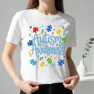 Autism Awareness Puzzle Piece and Star Design Casual White Crewneck T Shirt for Support Events and Daily Wear eliana blue and red striped shirt