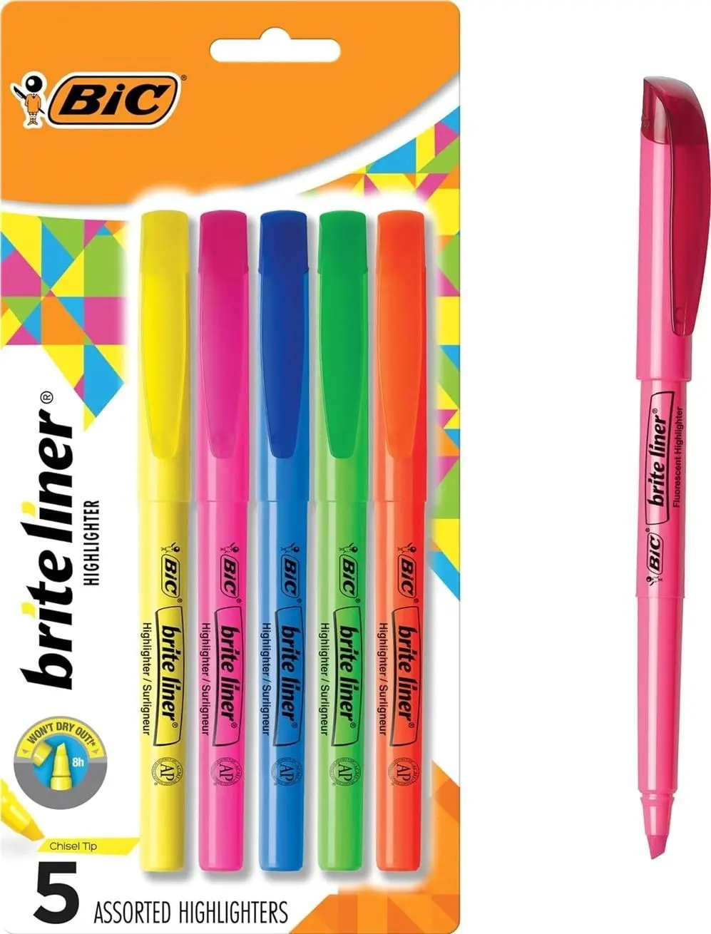 BIC Brite Liner Highlighters, Chisel Tip, 5-Count Pack, Assorted Colors