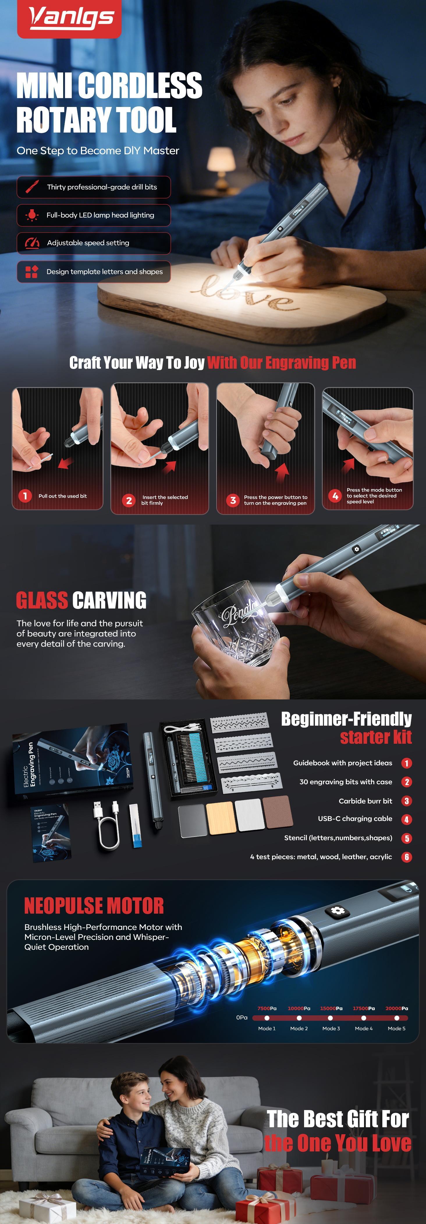Cordless Rechargeable Engraving Pen, Tools and Gadgets, 5-Speed Etching & Carving Tool Kit with 30 Bits, 16 Stencil Sheets, USB Charging Cable & Manual, Portable Electric DIY Crafting Engraver
