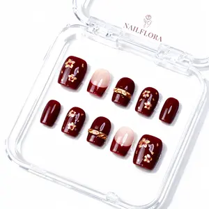 【BUY 3 GET 1 FREE】 NailFlora Burgundy Bloom – Handmade Press-On Nails | Reusable, Glossy, Salon-Quality Everyday Elegance