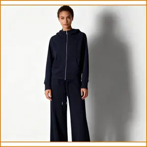 BreezeactiveTerraventureshop  Women's Cropped Zip-Up Hoodie & Wide-Leg Pants 2-Piece Set - Soft Stretchy Navy Blue, Below-Ankle Length, Long Sleeve Athleisure Outfit