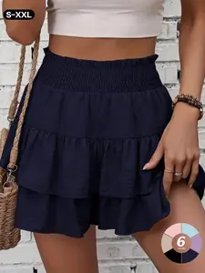 Women’s High Waist Ruffle Tiered Mini Skirt, Elastic Smocked Waist, Casual Flowy Layered Skirt for Summer Beach & Daily Wear
