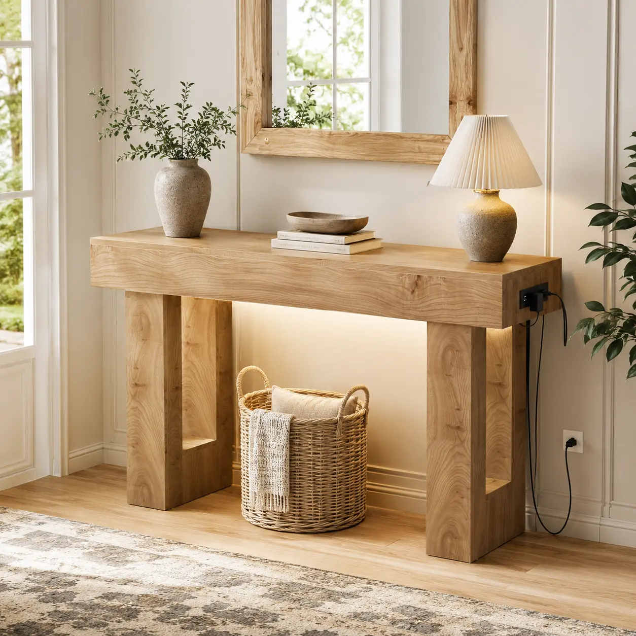 47'' Farmhouse Console Table with Power Outlets and Motion Sensor Light, Wooden Entryway Table Sofa Table for Entrance, Hallway, Living Room