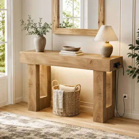 47" Farmhouse Console Table with Charging Station & Motion Sensor Light, Narrow Entryway Table with 3 AC Outlets & 2 USB Ports, Wood Sofa Table for Hallway, Living Room