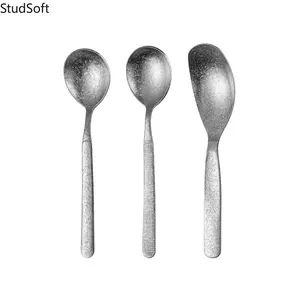3PCS Vintage Matte Silver Spoon Set, Distressed Stainless Steel Flatware, Retro Textured Utensils for Kitchen & Dining