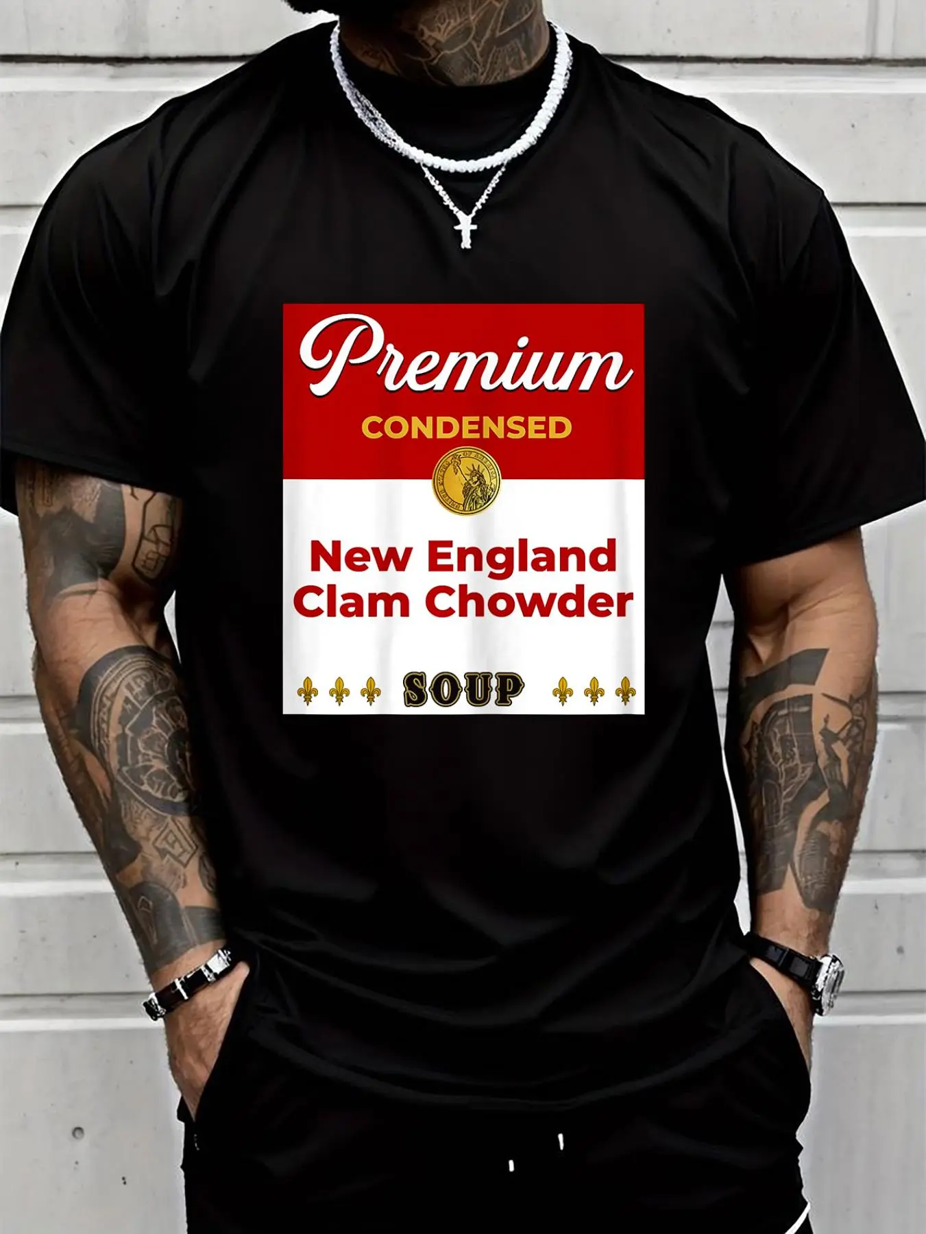 100% cotton New England Clam Chowder Soup Condiment Holiday Costumes T-Shirt Printed T-shirt, Short-sleeved Crew Neck Casual Top, Suitable For All Seasons, Men's Wear