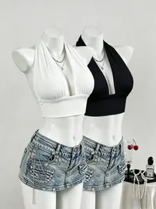 Y2K Deep V Neck Strapless Short Top Set, Women's Backless Tie Front Sleeveless Tank Tops Fit, Fashionable Two-Piece for Summer