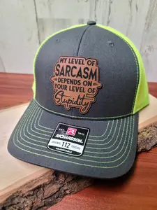 Sarcasm Premium Leather Patch Trucker Hat with Funny Print Snapback Sarcastic One Size Fits Most Comfortable Fit Classic Style
