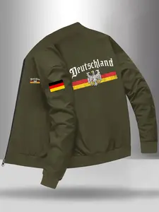 Men's German Flag Print Jacket, Olive Zipper Closure, Baseball Collar, Casual Winter Outerwear