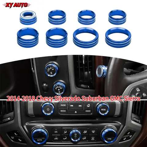 8PCS 2014-2018 Chevy Silverado Suburban GMC Sierra Radio AC Control Knobs Cover Trim Rings Interior Accessories( Blue )