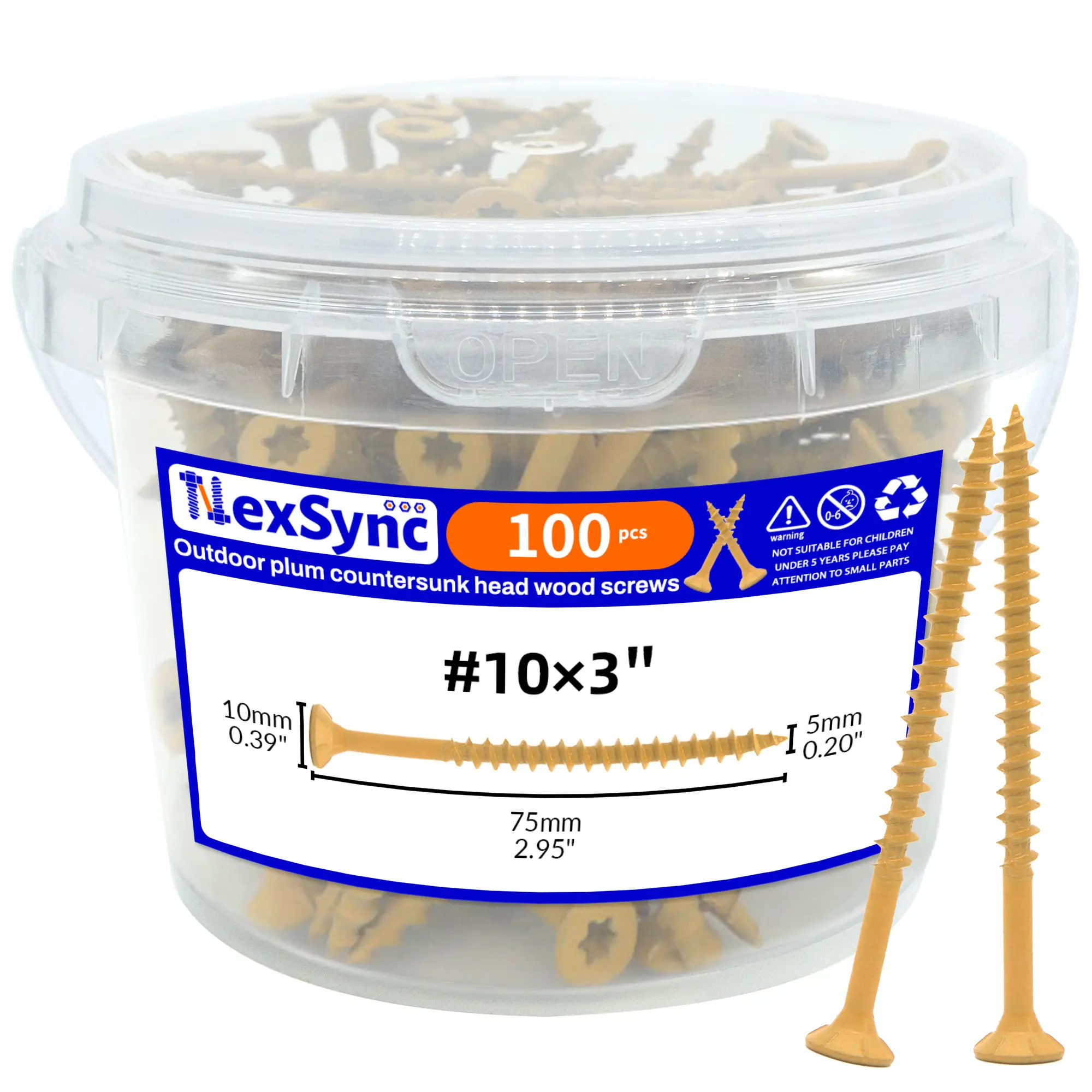 NexSync Outdoor Wood Screws 100PCS，#10 x 3-Inch Anti-RustCoated，Torx/Plum Countersunk Wood Screws，Fence Wood Screws，Outdoor Furniture Screws